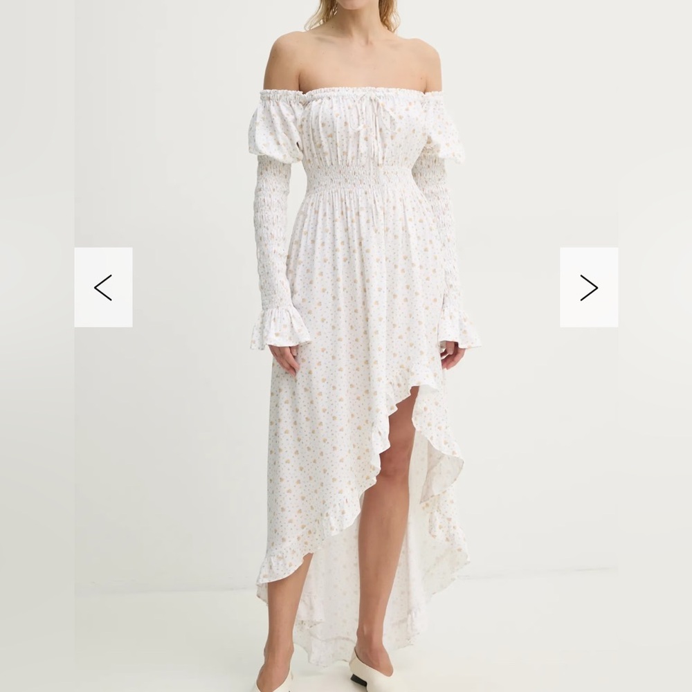 SLEEPER Juliette Wild Angel Elegant Soft Shirred Asymmetric Dress Mimosa